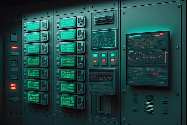 Control room panel in futuristic library data center generative ai