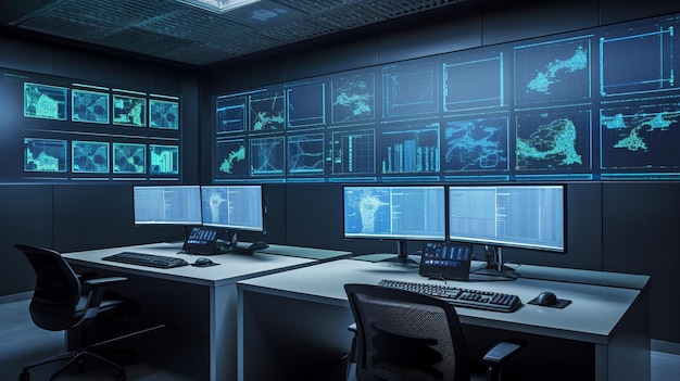 control room that is modern multiple computer monitors display a coding language program with a system monitoring interface and generative ai