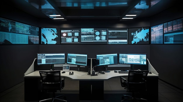 control room that is modern multiple computer monitors display a coding language program with a system monitoring interface and generative ai