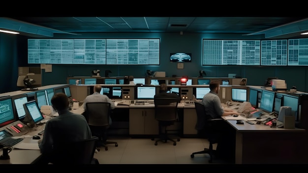 A control room with a few people working at the center.