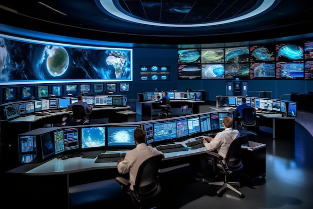 A control room with a large screen that says'space'on it