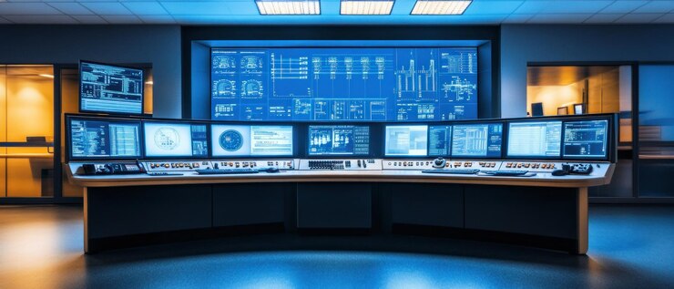 Photo control room with multiple monitors displaying technical data