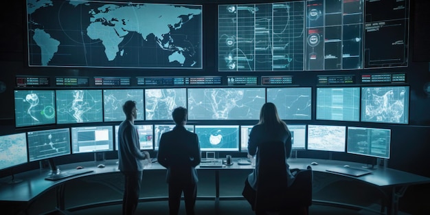 A control room with multiple monitors and a map of the world.