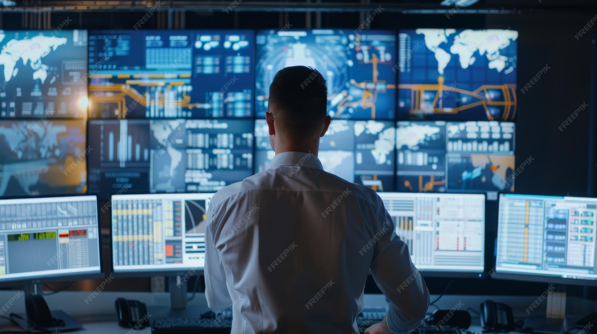 A control room with an operator monitoring multiple screens displaying ...
