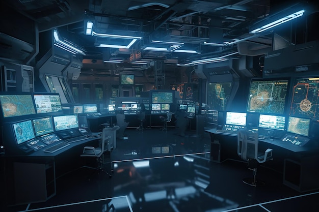 Control room with screens and computers interior of command center generative AI