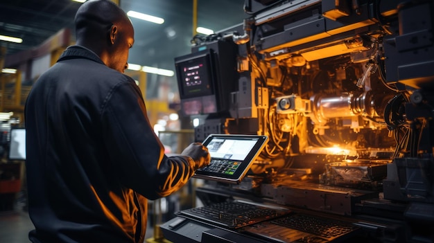 Управление и настройка CNC-оборудования Инженер африканской промышленности работает с планшетным компьютером на современном