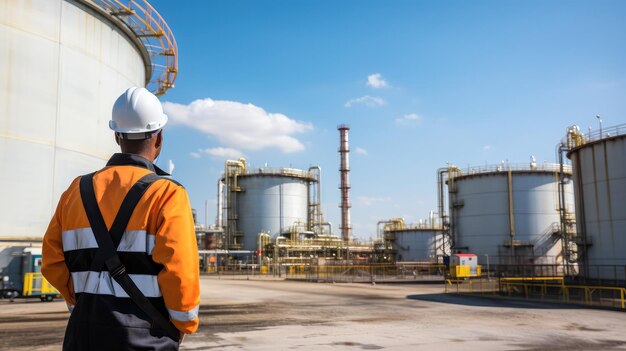 Foto lavoratore di controllo in una raffineria di petrolio o di gas