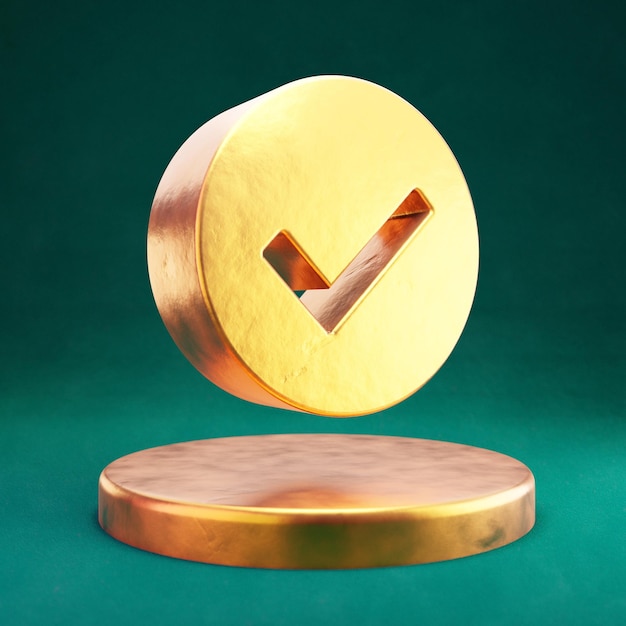 Controleer het cirkelpictogram. Fortuna Gold Check Circle-symbool met Tidewater Green-achtergrond. 3D-gerenderde sociale mediapictogram.