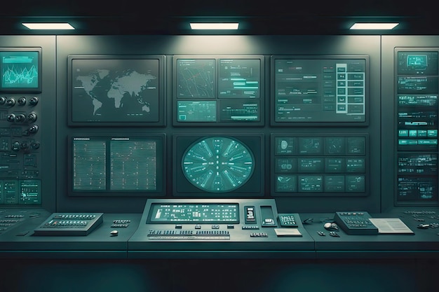 Foto controlekamerpaneel in futuristisch bibliotheekdatacenter generatieve ai