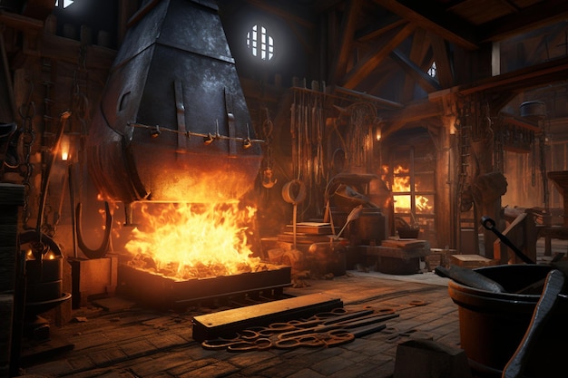 Controlled flames illuminating a blacksmiths forge 00186 00
