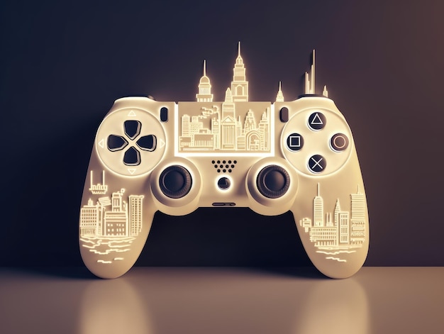 A controller with a city on it that is shaped like a city.