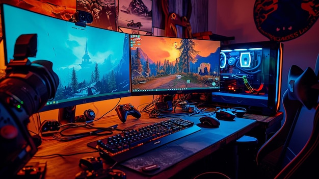 Premium Photo | Controllers Monitors Gaming Setup