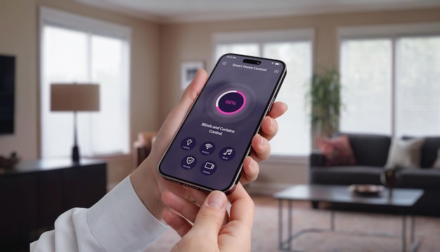 Controlling blinds and curtains in the living room using a mobile app Womans hand with smartphone modern home automation for light control and privacy