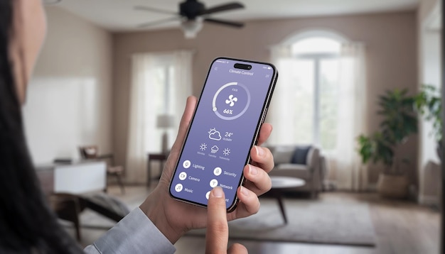 Controlling ceiling fan in the living room with a mobile app Womans hand holding smartphone adjusting fan settings modern smart home technology for comfort and convenience
