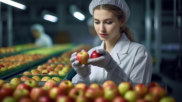 Controllo della produzione e della selezione delle mele è un tecnico in un impianto di trasformazione alimentare