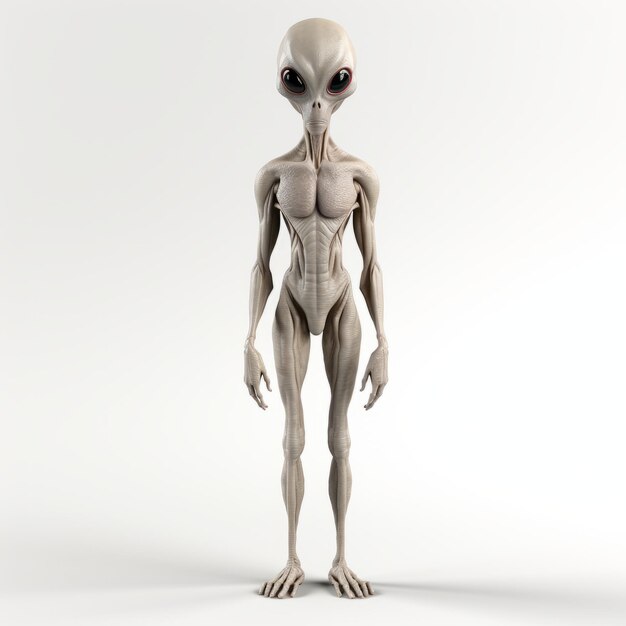 Controversial Alien Model In Gray And Beige Standing On White Background