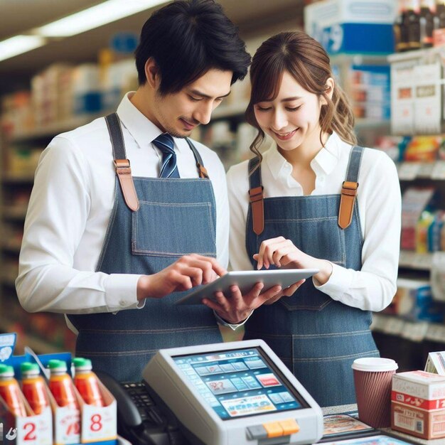 Foto impiegati di un negozio di alimentari che usano insieme un tablet