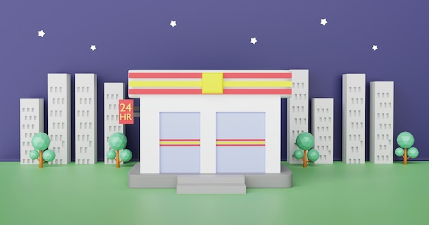 Convenience stores open 24 hr . 3 d rendering.