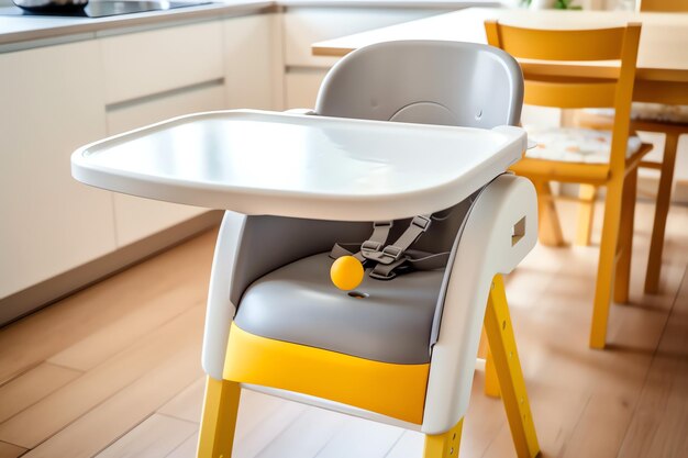 Conventional baby feeding chair in the dining table at home or kitchen Child high chair furniture