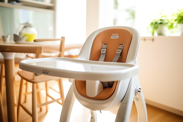 Foto seggiolone convenzionale per l'alimentazione del bambino sul tavolo da pranzo di casa o in cucina seggiolone per bambini