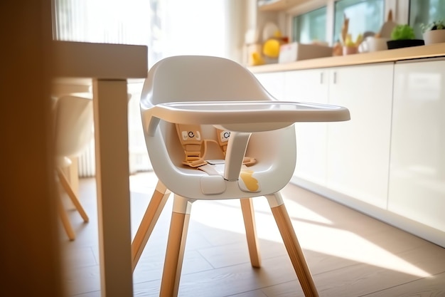 Фото Обычный стульчик для кормления ребенка на обеденном столе дома или на кухне. детский стульчик для кормления.