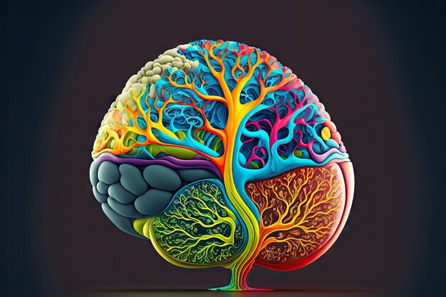 Conventional image of human brain with multicolored convolons and vessels