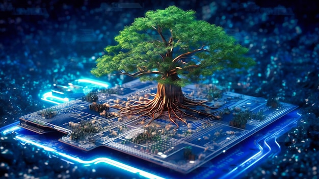 The convergence of nature and technology is illustrated in the image of a tree growing from the soil on a computer circuit board