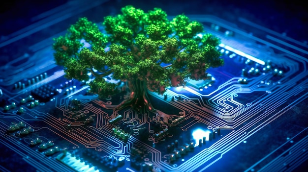 The convergence of nature and technology is illustrated in the image of a tree growing from the soil on a computer circuit board