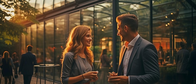 Photo conversation between businesspeople outside an office blockxa