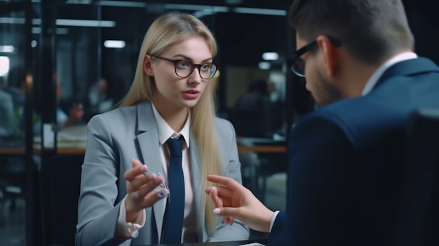 During the conversation a female banker explains the benefits of a new credit card to her customer Generative AI