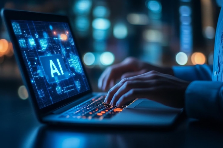 Photo a conversation prompt involving ai chat focusing on stock and digital technology a man interacts with a chatbot using a laptop at his workplace generating creative content whether text or