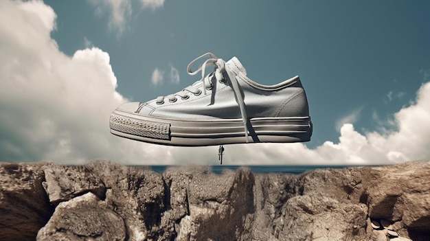 A converse shoe is suspended over a cliff.