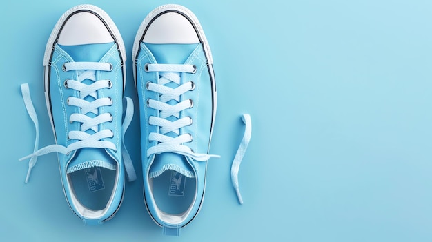 Photo converse shoes a pair of blue sneakers with white laces on a blue background the shoes are untied and the laces are hanging down