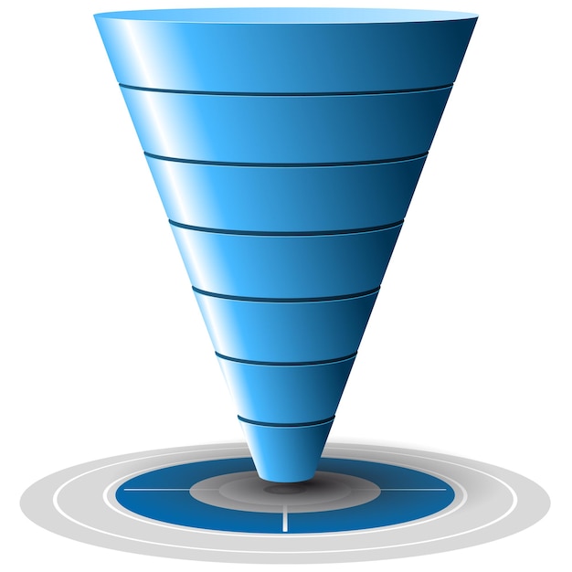 Conversion or sales funnel easily customizable, from 1 to 7 levels plus on target, vector graphics. Blue tones.