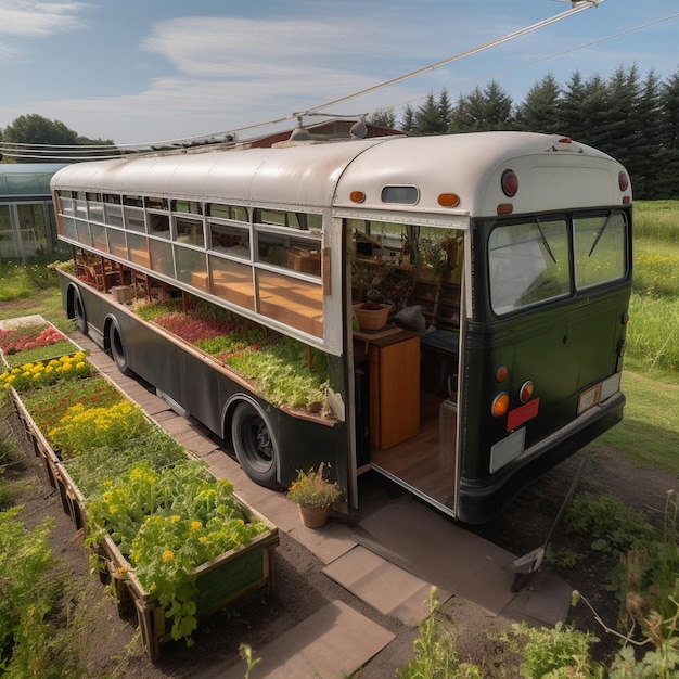 Converted school bus in a meadow