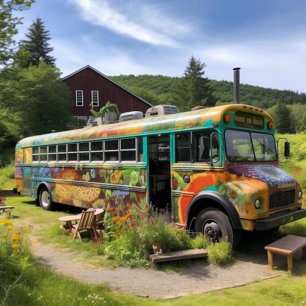 Autobus scolastico convertito parcheggiato in un prato appartato con murale e giardino di verdure