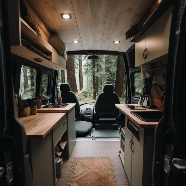 Converted sprinter van on a quiet forest road