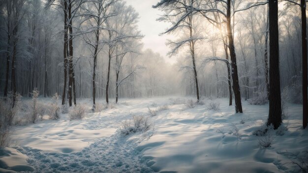 Convey the stillness and quiet beauty of a snowy forest exploring the subtle sounds of winter like