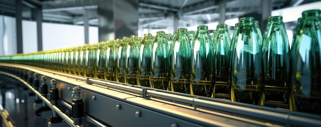 Фото Конвейерная линия с бутылками для пива и вина производство в пищевой промышленности
