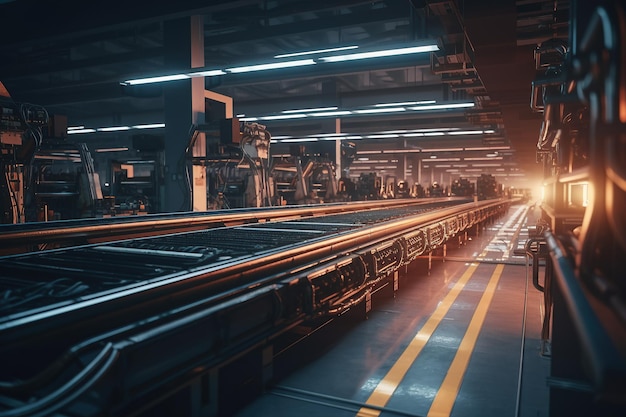 Conveyor belt at a car factory automated robotic arms assemble cars in a factory generative ai