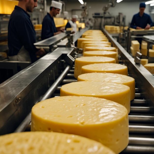 Foto cintura trasportatrice in una fabbrica di formaggio con diverse fette di formaggio