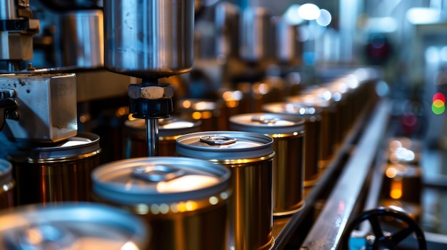 Photo a conveyor belt in a factory filled with shiny ambercolored aluminum cans ready for packaging