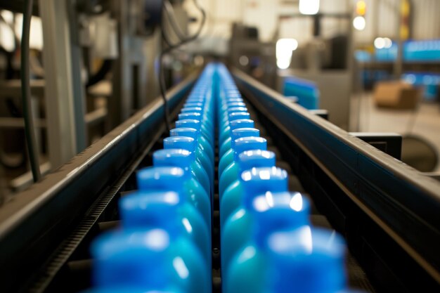 Conveyor belt filled with blue shampoo bottles