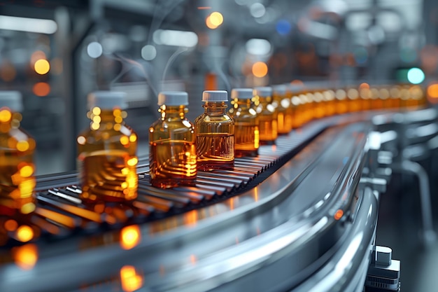 Conveyor Belt Filled With Bottles of Liquid