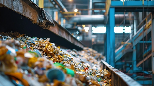 Conveyor Belt Filled With Garbage at a Waste Processing Plant