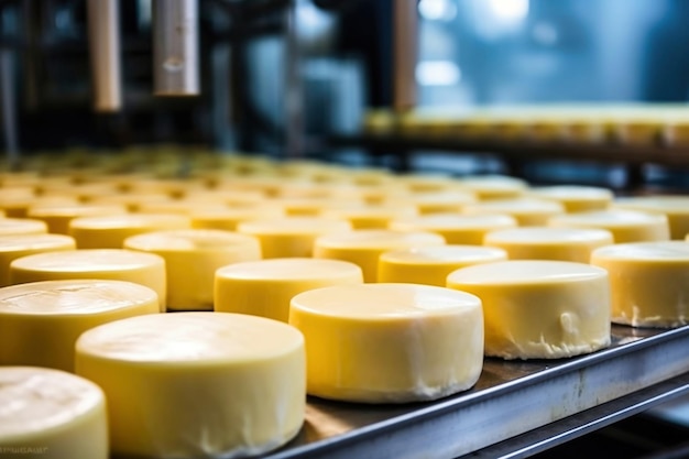 A conveyor belt filled with lots of cheese Industrial cheese production plant Modern technologies Production of different types of cheese at the factory