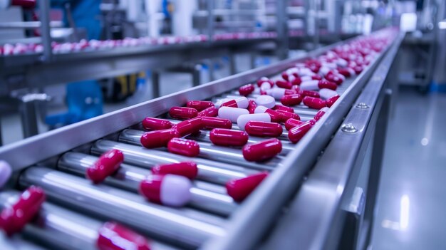 Photo conveyor belt filled with red and white pills