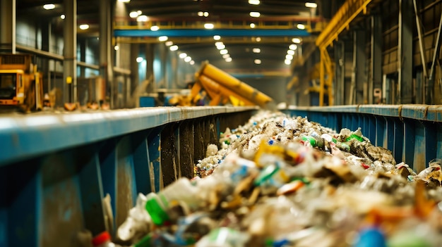 Conveyor Belt Filled With Trash at a Garbage Processing Plant