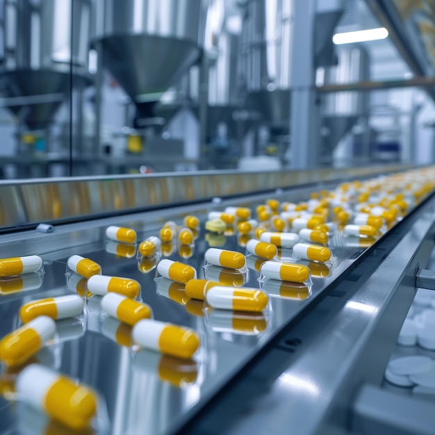 Conveyor Belt Filled With Yellow and White Pills