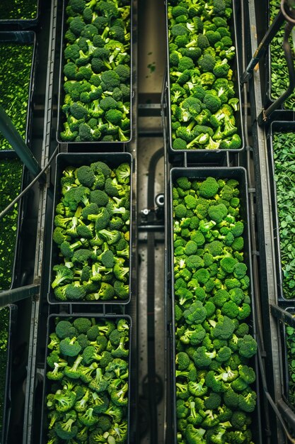 Foto il nastro trasportatore dell'allevamento industriale di broccoli freschi incontra le moderne tecniche di trasformazione